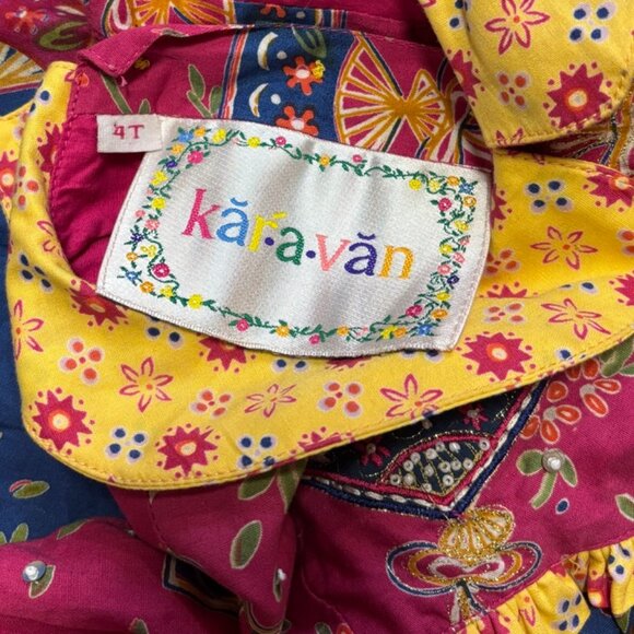 VTG KARAVAN Ethnic Print Floral Fan Bohemian Dress  Beading Sequins  SZ 4T - Picture 5 of 8